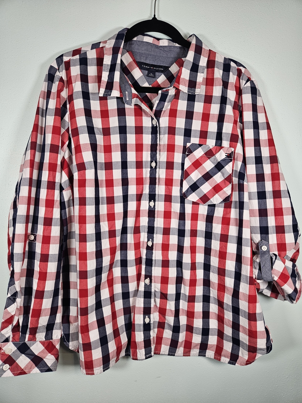 Tommy Hilfiger Red White and Navy Plaid Button-Down Shirt